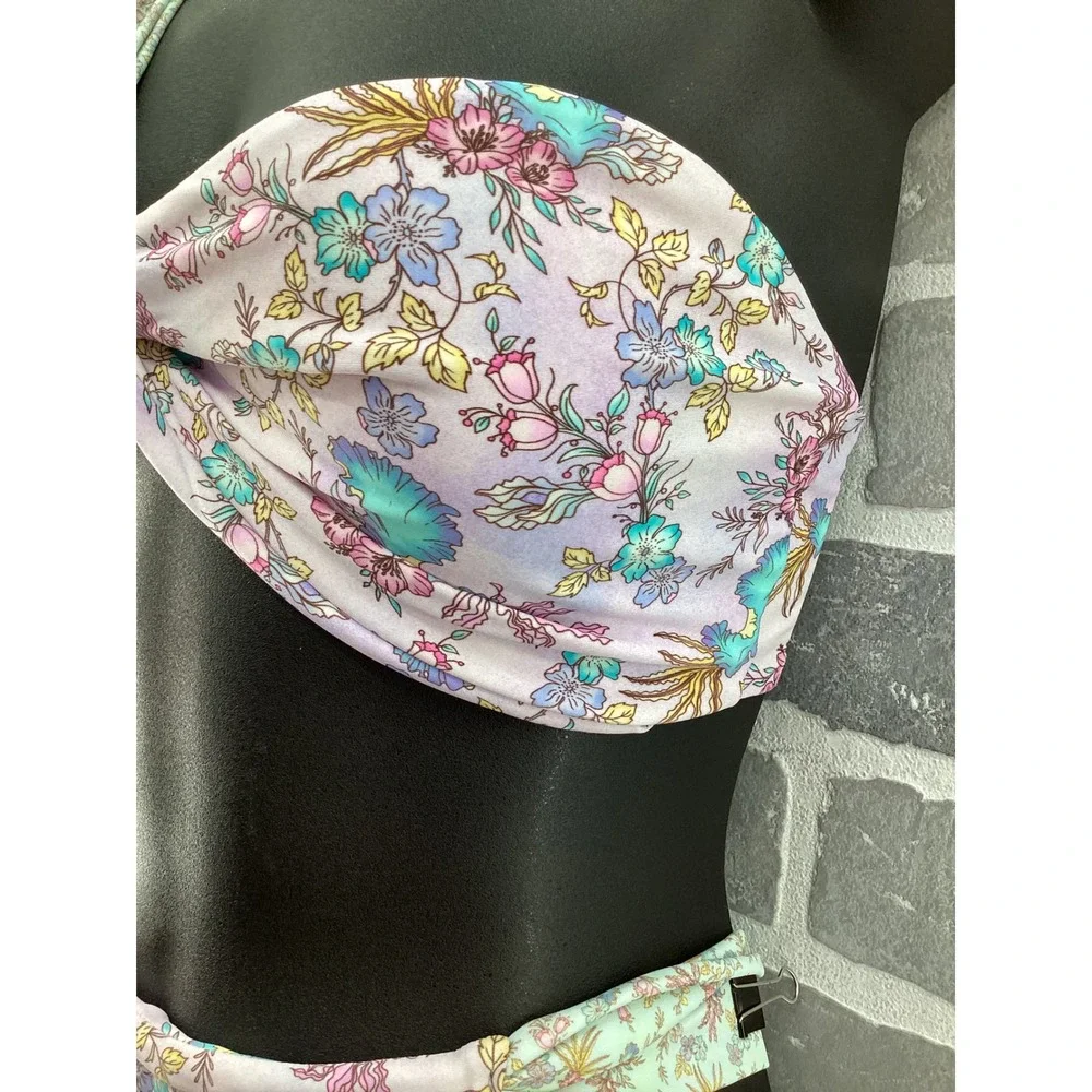 Blackbough Swim 3 Piece Bikini Set Lilac Floral One Shoulder Top Bottom Sarong